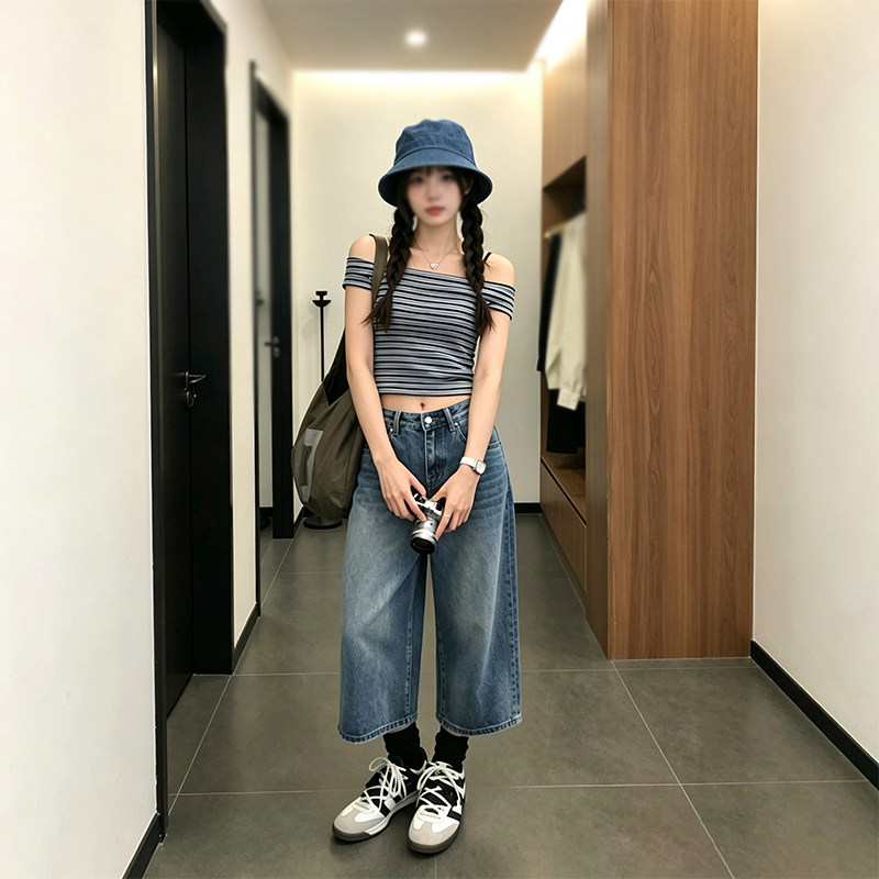七分阔腿牛仔裤女无弹力夏慵懒风