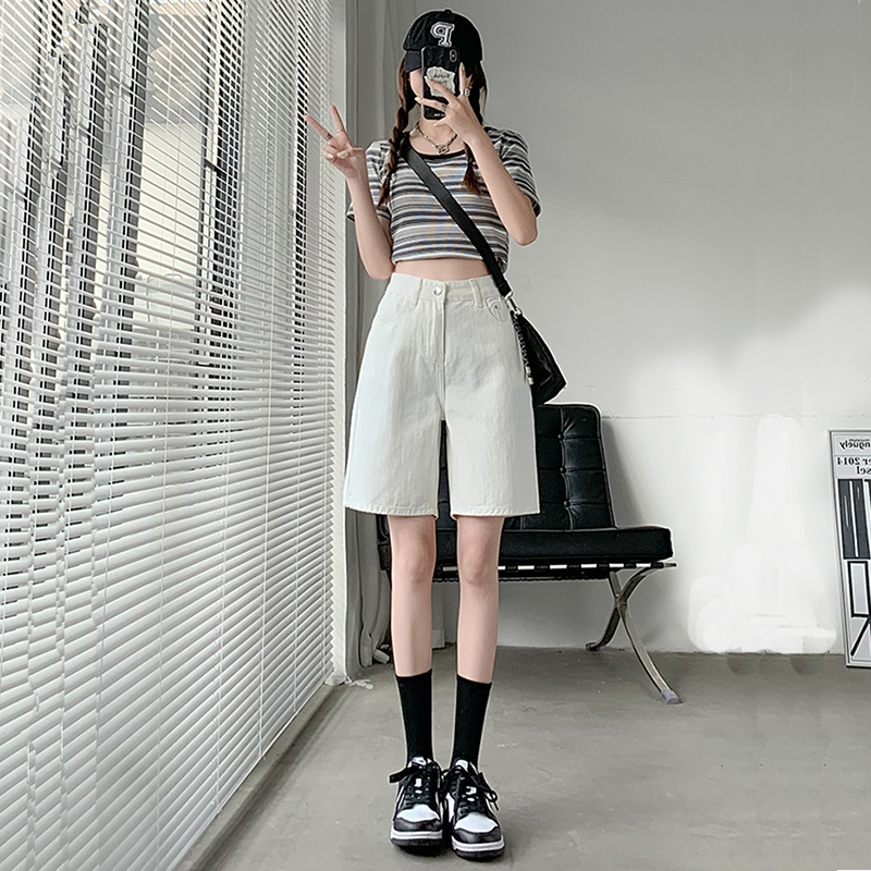 五分牛仔女直筒白色无弹力夏天薄款2025新款显瘦宽松窄版浅色短裤