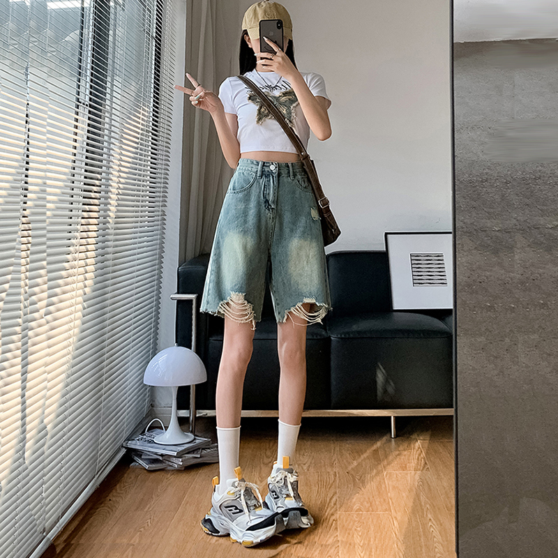 五分牛仔裤女直筒无弹力短裤夏薄款4分破洞毛边潮宽松阔腿小个子