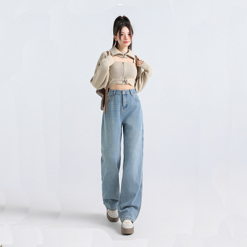 直筒牛仔裤女无弹力加绒窄版阔腿25新款秋冬小个子加长复古蓝浅色