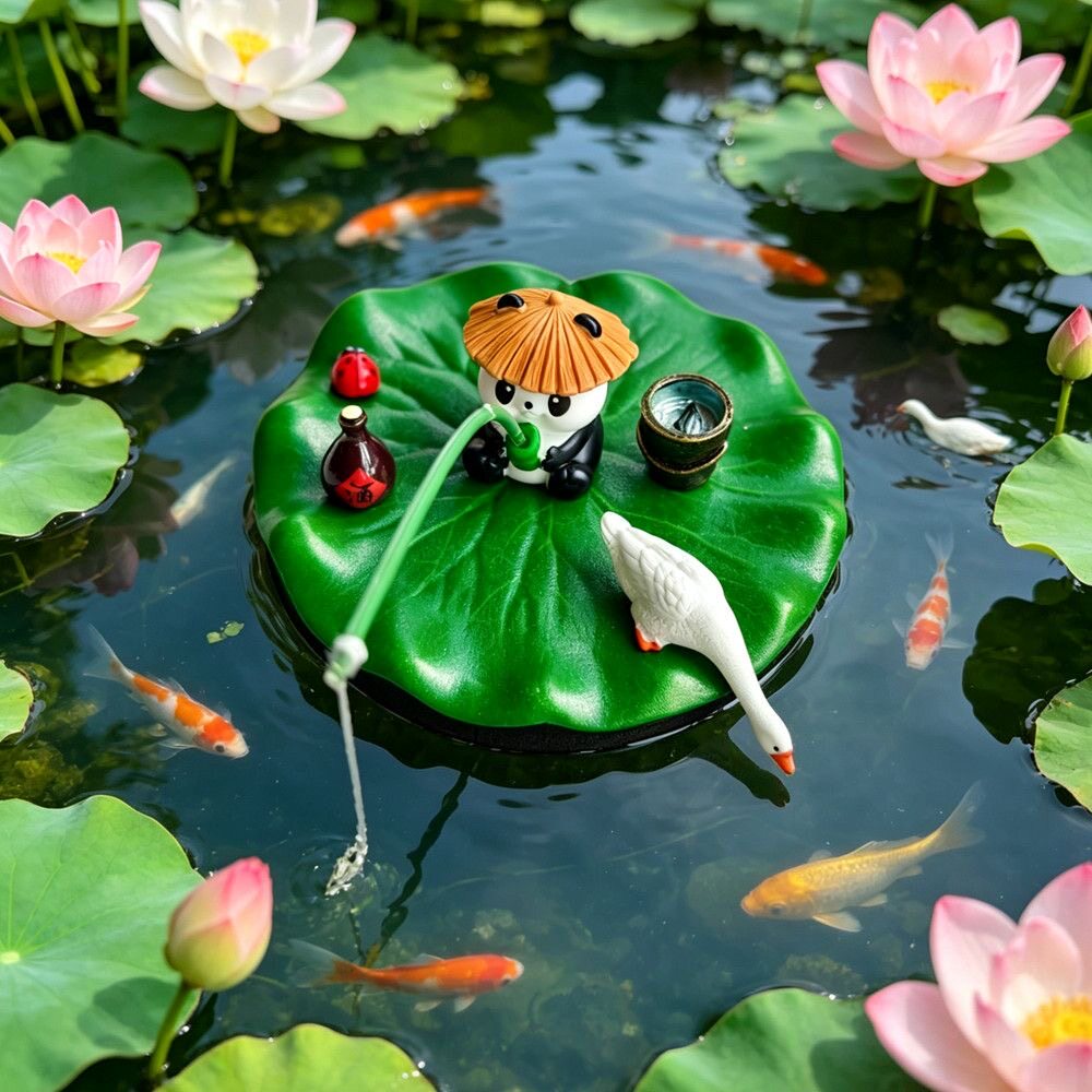 水池造景装饰品鱼缸水草缸荷花池塘造景摆件仿真钓鱼熊猫树脂摆件