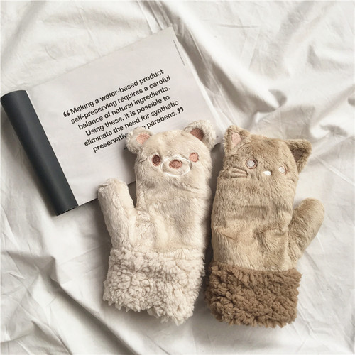 日本现货猫咪小熊全指软萌绵手套