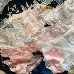 纯棉档性感三角裤 日系少女蕾丝复古法式 纯欲网纱柔软缎面女生内裤