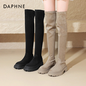 达芙妮过膝长筒靴女2025新款 秋冬加绒高筒弹力瘦瘦靴厚底绒面长靴