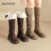 达芙妮长筒靴女2025新款 冬季 加绒雪地靴保暖棉靴厚底高筒绒面长靴