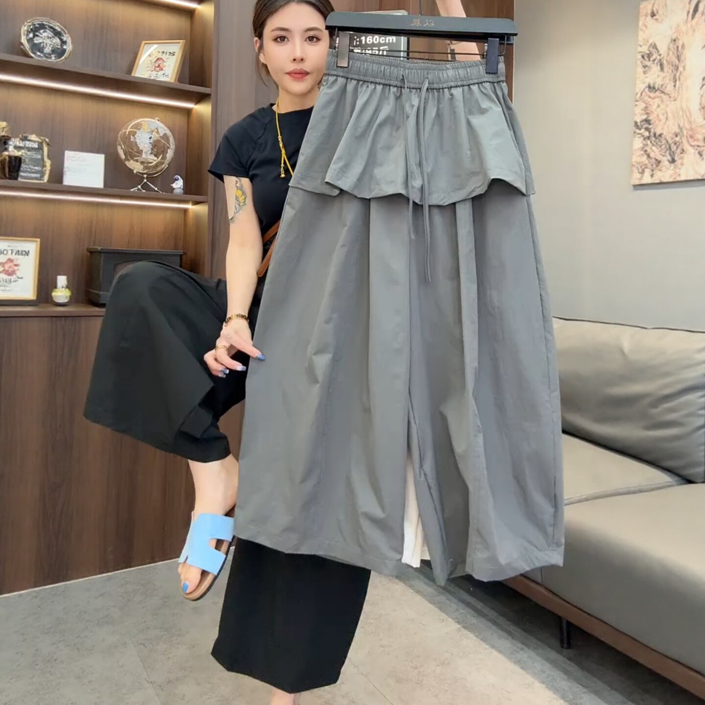 设计感假两件屁帘阔腿裤女2026夏季欧货宽松显瘦气球裤休闲九分裤
