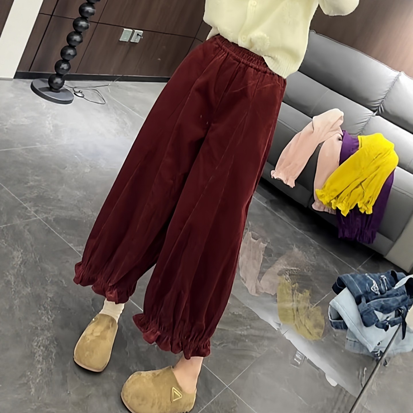 束脚花边阔腿裤女2025年秋冬欧货时尚松紧腰休闲直筒灯芯绒九分裤