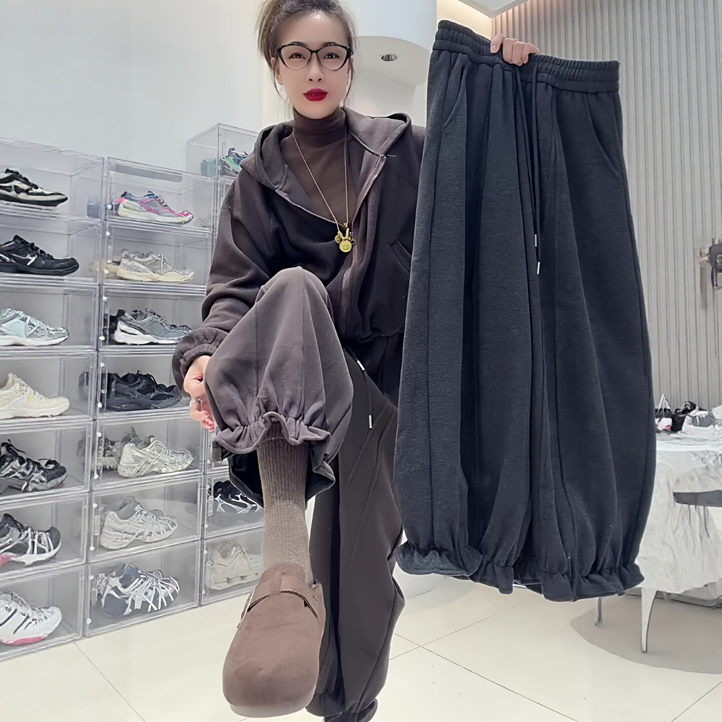 束脚花边灯笼卫裤女2025年秋冬欧货加绒保暖松紧腰休闲阔腿九分裤