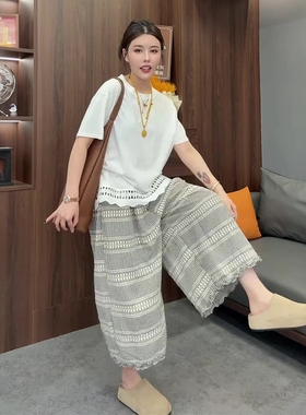 欧货2026年夏天时髦棉麻格子阔腿裤女百搭松紧高腰休闲裤八分裤子