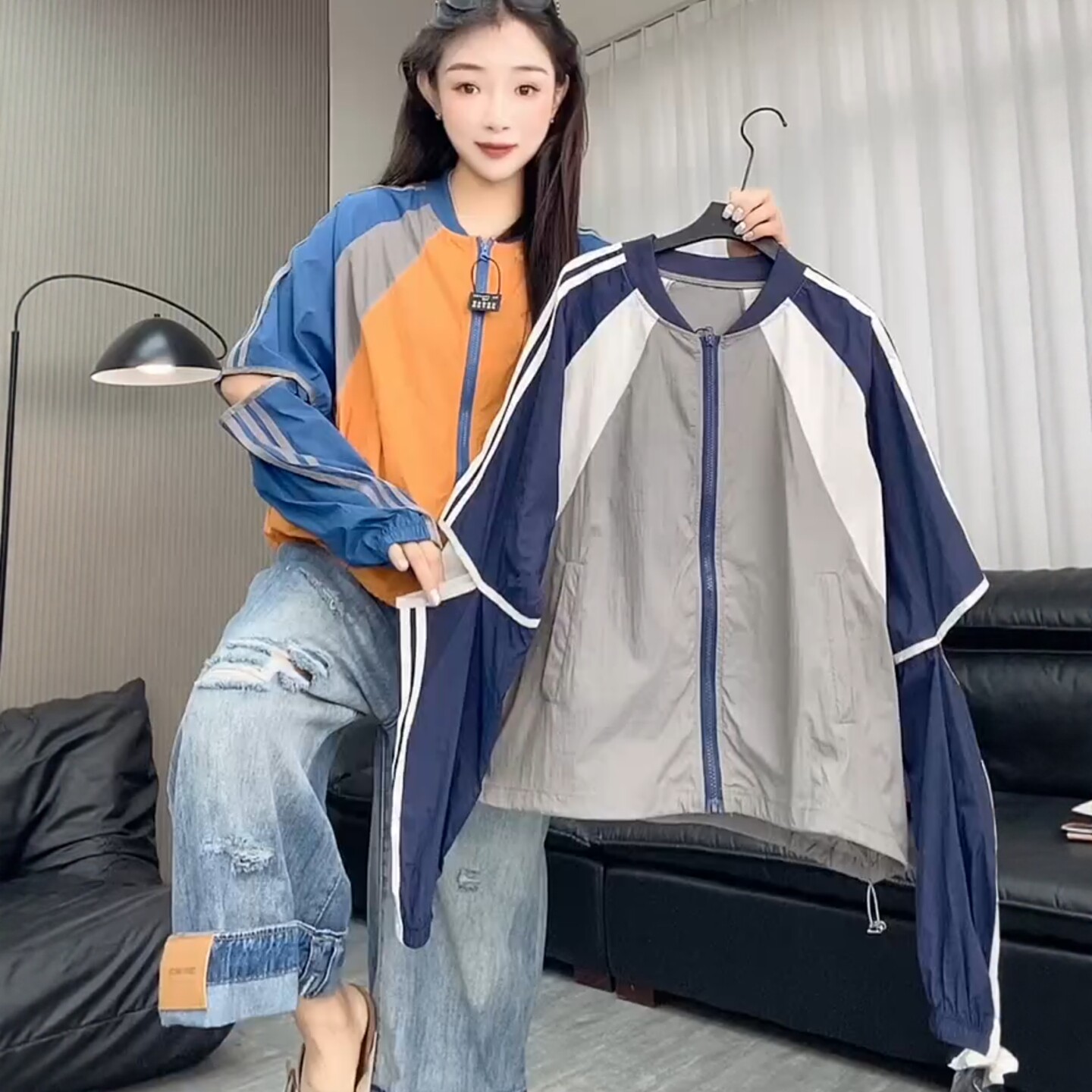 撞色断袖拼接短外套女2026年夏天欧货立领防晒衣时尚百搭夹克上衣