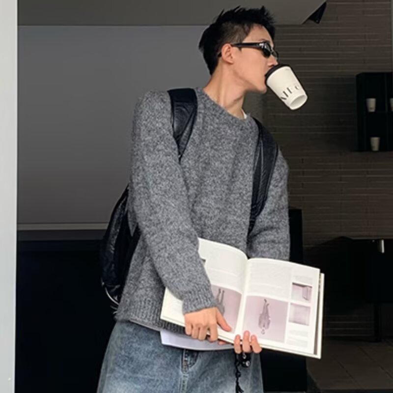 深灰色复古毛衣男针织衫慵懒风