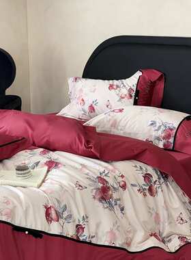高端轻奢风100S纯棉长绒棉四件套红色石榴花全棉被套结婚新婚浪漫