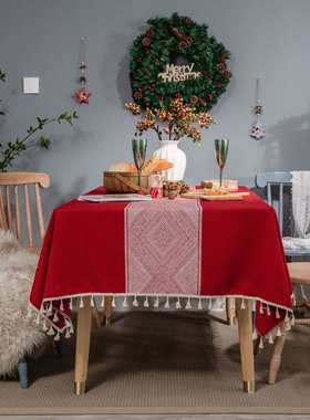 北欧圣诞桌布红色棉麻流苏防水餐厅餐桌台布轻奢长方形茶几布桌布
