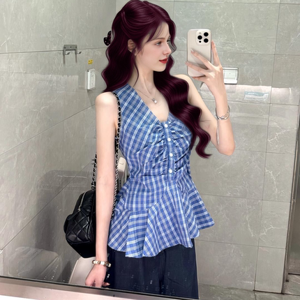WESTAYOONE蓝色格子V领背心女夏季挂脖设计感牛仔阔腿裤两件套