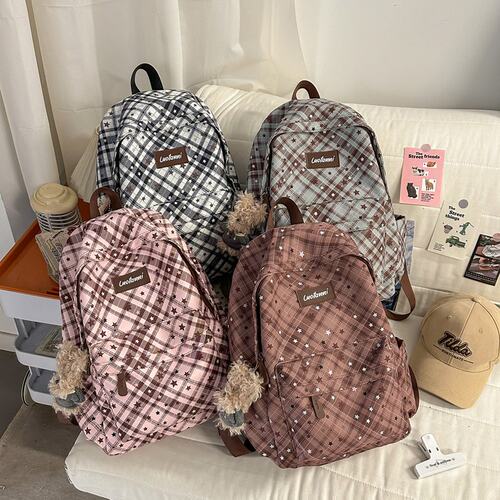 格纹ins小众轻便大容量双肩书包