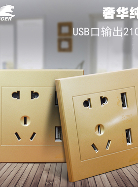 USB开关插座面板USB开关面板USB面板墙壁五孔电源插座香槟金表面