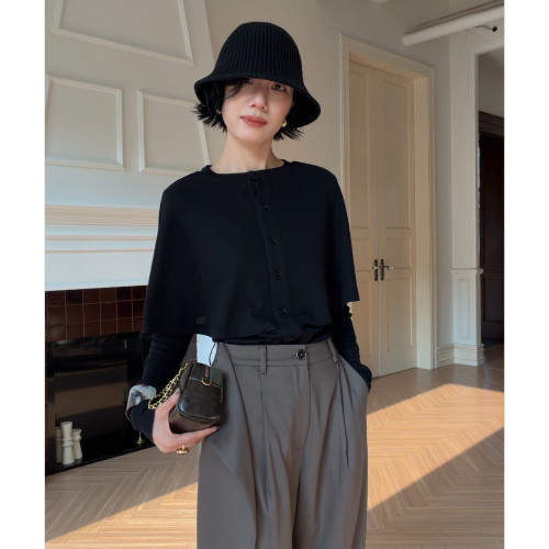 斗篷上衣澳毛假两件长袖T恤秋女