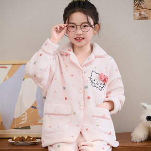 女大童睡衣hellokitty高端法兰绒开衫保暖秋冬天母女装毛绒家居服
