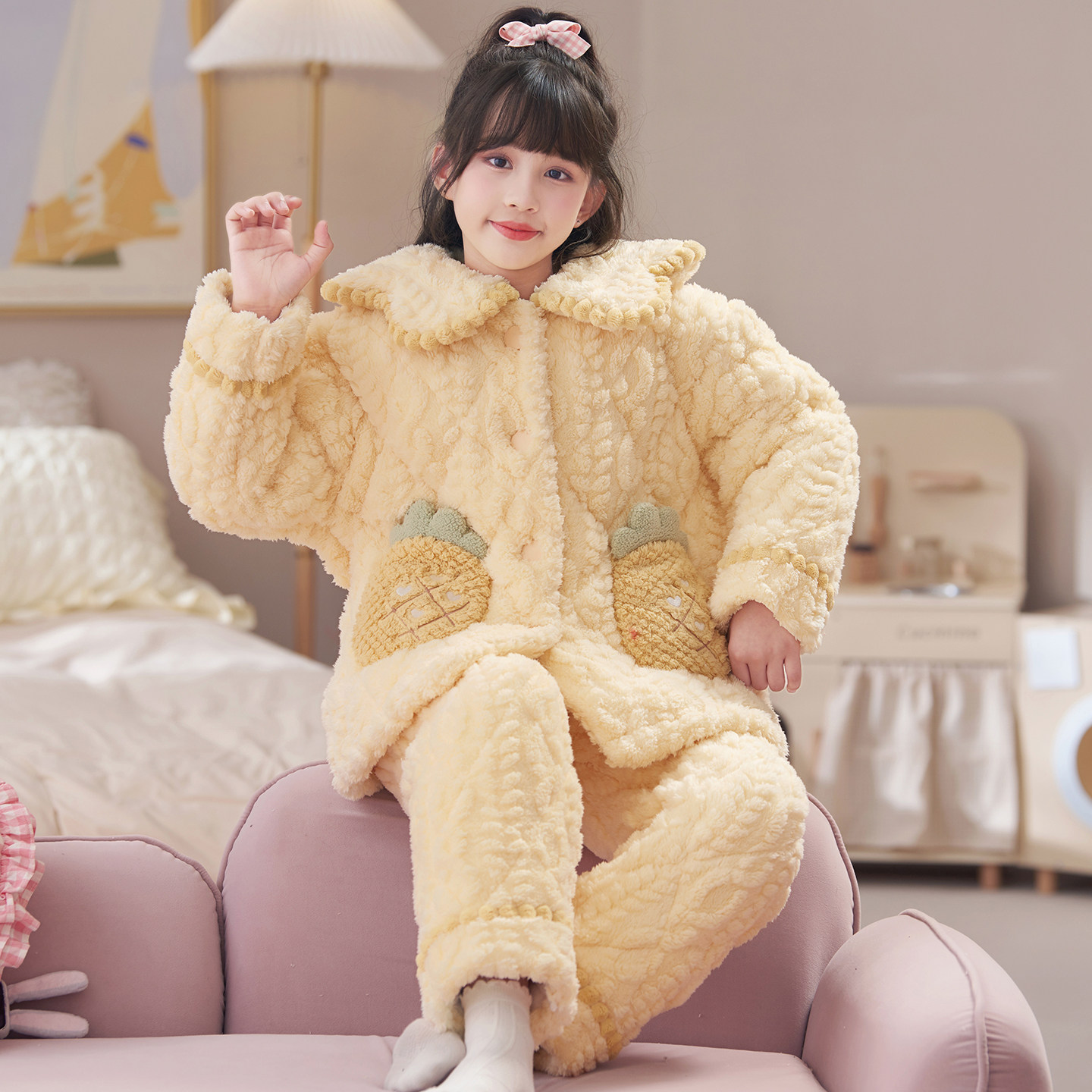 冬天女大童睡衣可爱菠萝三层夹棉加绒加厚高端法兰绒小女孩家居服