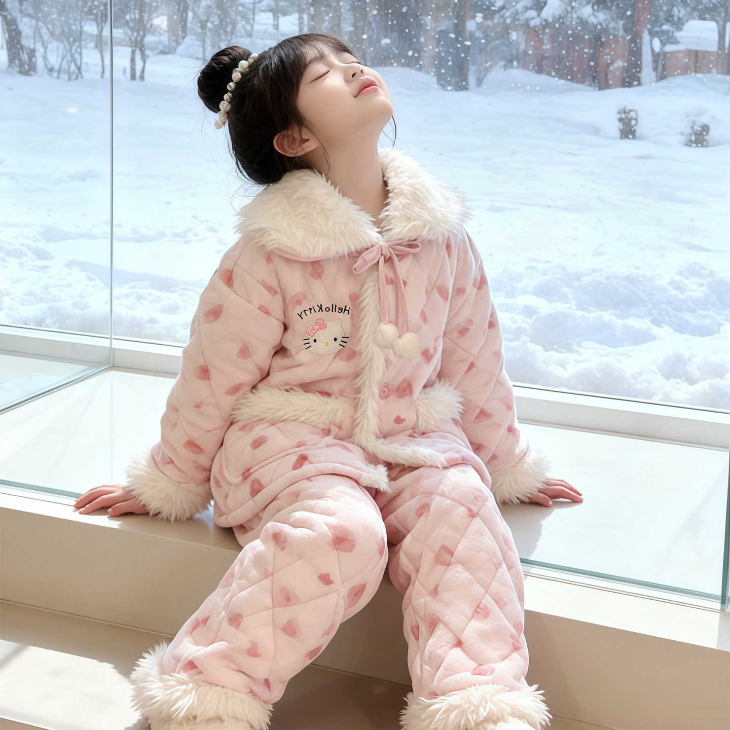 女大童睡衣可爱KT猫冬天高端三层夹棉加绒加厚珊瑚绒母女装家居服