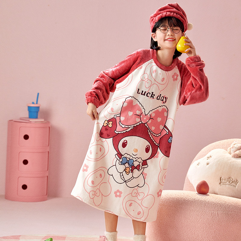 美乐蒂睡裙儿童女孩法兰绒长款秋冬季保暖母女装大童宝宝珊瑚毛绒