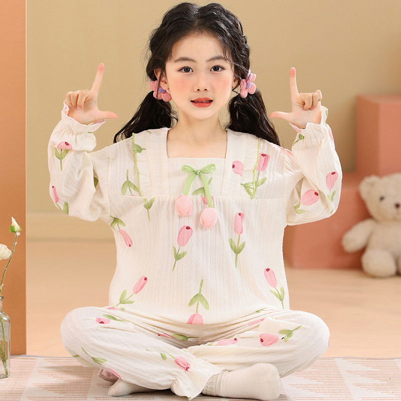 郁金香睡衣儿童女孩长袖高端纯棉