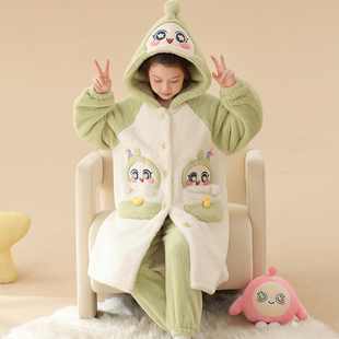 冬天女大童睡袍可爱蛋仔高端珊瑚绒保暖加厚款母女装宝宝毛绒套装