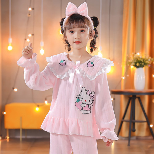 女童珊瑚绒睡衣秋冬季毛绒kt猫