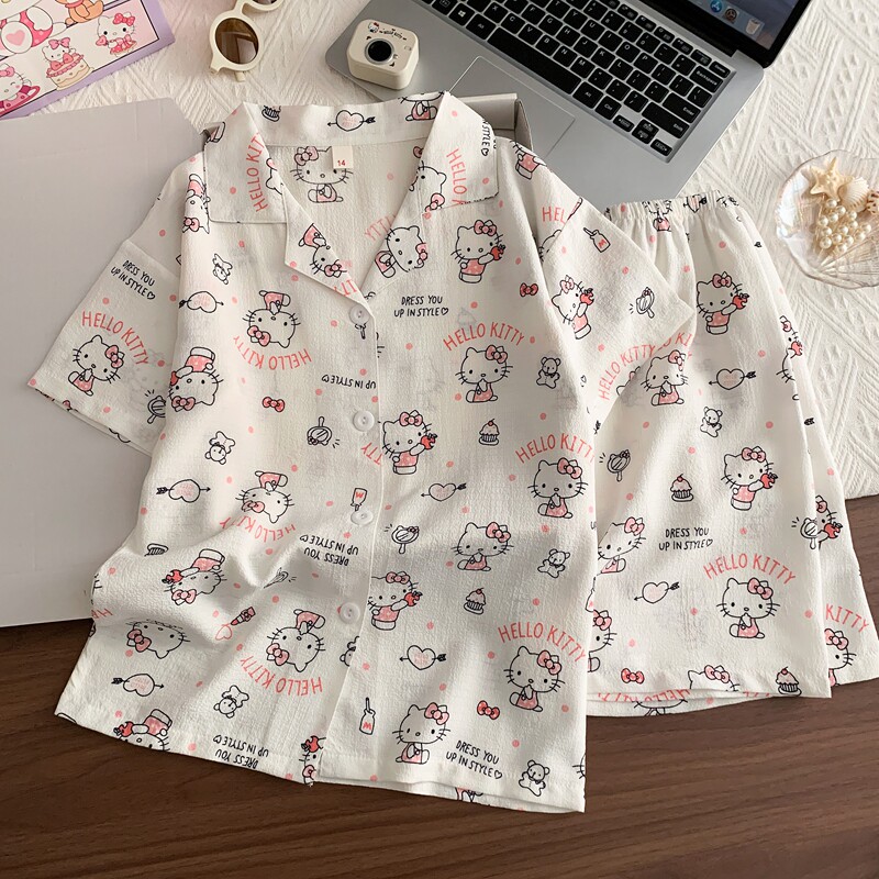 女童睡衣翻领短袖泡泡皱棉家居服