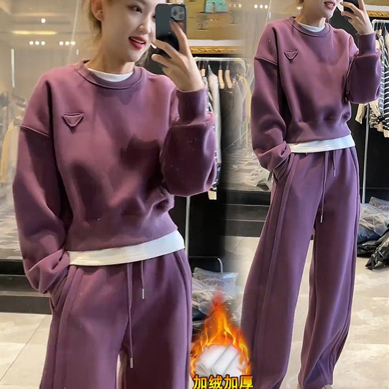 秋冬女士丝绒加厚休闲套装新款修身圆领运动衫阔腿裤运动两件套新