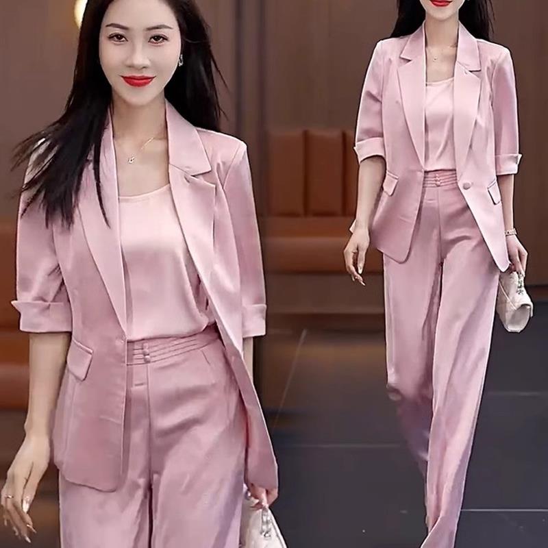 气质小西装套装女士2025年夏季新款短袖休闲职业西服阔腿裤两件套