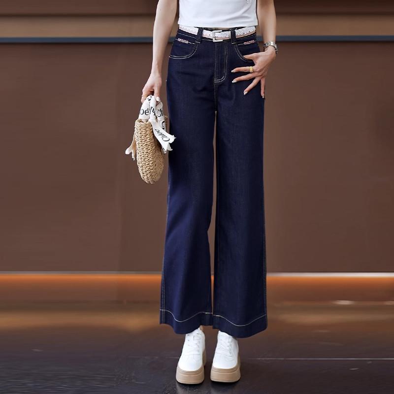 丹宁蓝直筒牛仔裤女夏天新款2025小个子垂感宽松休闲窄版阔腿裤子