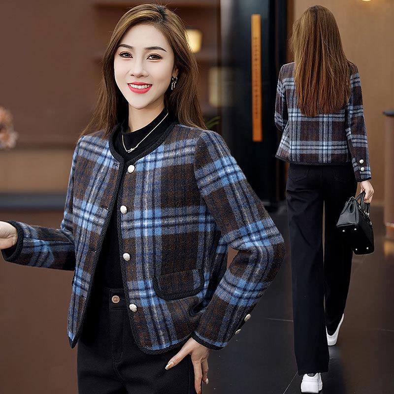 小香风格纹加棉短外套女2025春秋新款气质洋气显瘦小个子毛呢大衣