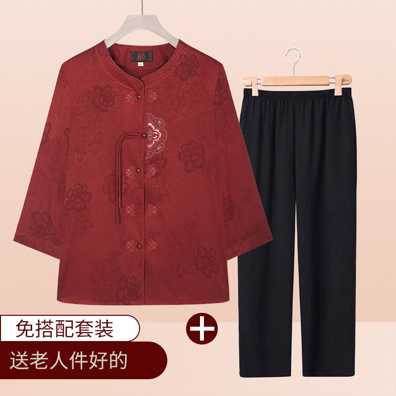 奶奶夏装套装洋气衬衫中老年女夏季七分袖老年妈妈装时尚上衣婆婆图片