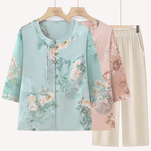 奶奶夏装中式衬衫老年人套装女妈妈洋气新款老人上衣服老太太大码