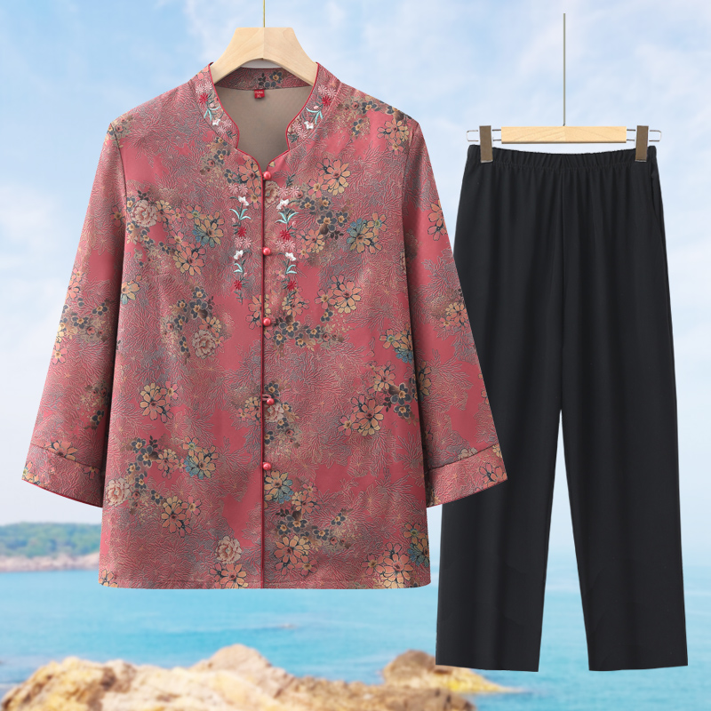 妈妈夏装套装奶奶装夏季两件套70岁老年人女装老太太夏天衣服长袖