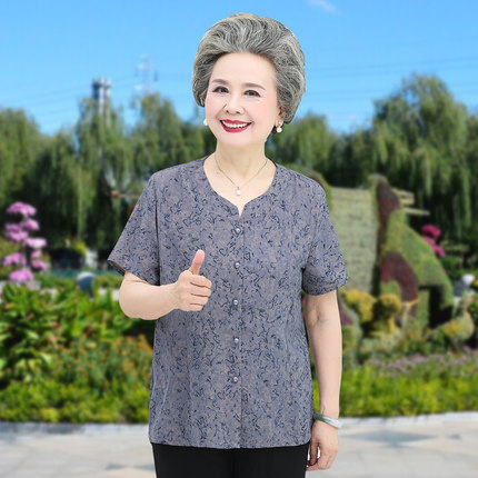 胖妈妈夏装短袖衬衫中老年人女装衬衣加肥加大码上衣奶奶套装小衫