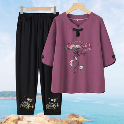 奶奶夏天套装妈妈装夏季老太太中袖衬衫两件套老年人女装老人衣服