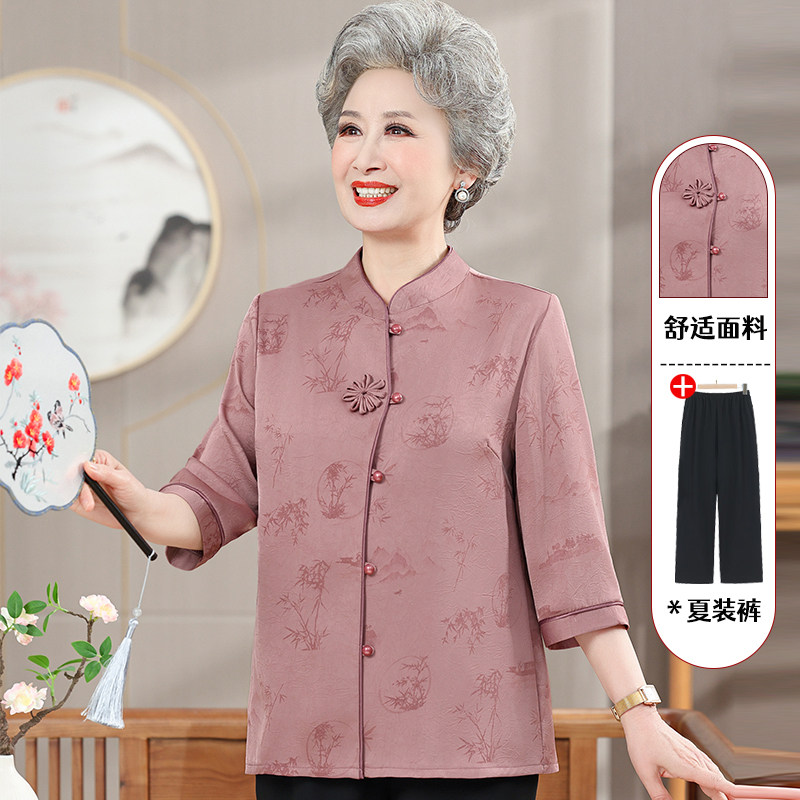 中老年人夏装女奶奶装短袖衬衫老人唐装老太太衣服妈妈装两件套装图片