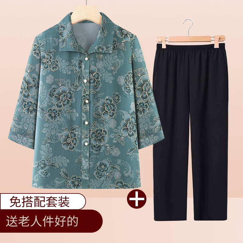 新品夏装七分袖衬衫中老年人女妈妈装洋气老人奶奶装夏季开衫套装图片