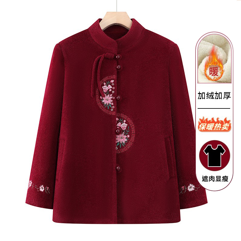奶奶秋装外套中老年人女装妈妈毛呢上衣加绒老太太秋冬装老人衣服