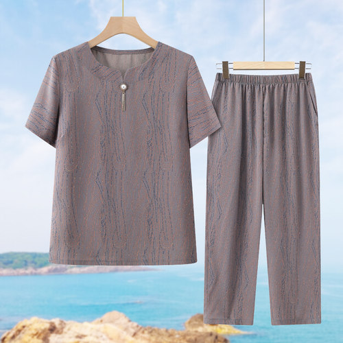 中老年人夏装套装女奶奶短袖T恤洋气妈妈夏季两件套宽松老人衣服