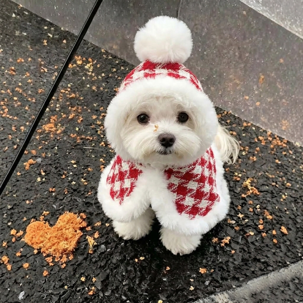 小型犬加绒保暖千鸟格圣诞斗篷