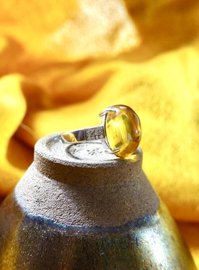 全新琥珀金珀椭圆蛋面S925银镶嵌水钻锆石活口女士戒指