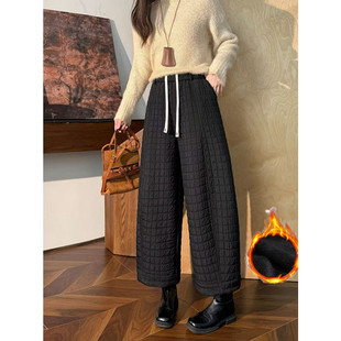 夹棉九分裤 格子加绒加厚保暖棉裤 3003小个子宽松休闲菱格花苞裤