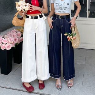 新款 夏季 时尚 气质翻边大管阔腿牛仔裤 薄款 九分直筒裤 遮肉显瘦神裤