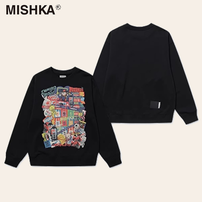 MISHKA苏新皓同款秋冬复古高街潮牌男女情侣涂鸦印花宽松圆领卫衣