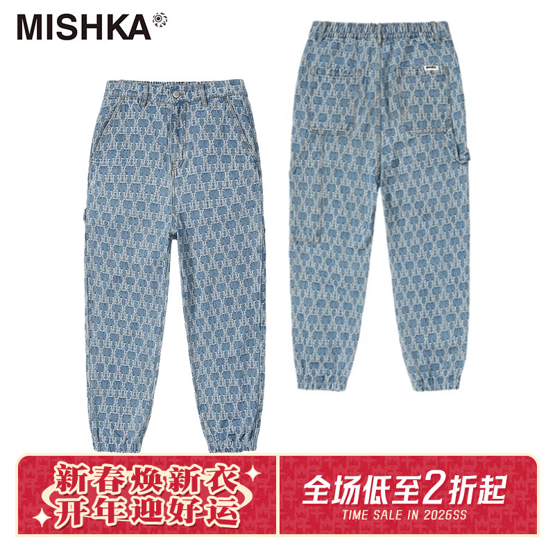 MISHKA大眼球潮牌春夏新品男士提花休闲牛仔直筒收脚九分长裤