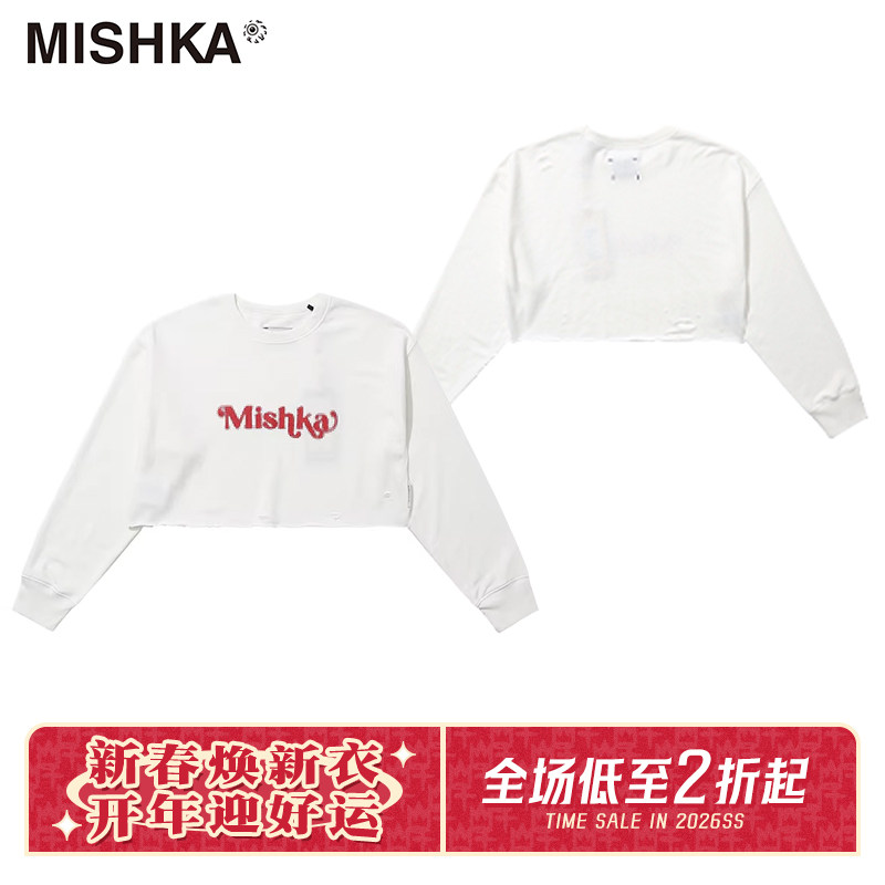 MISHKA大眼球美式复古多巴胺女士蝙蝠袖卡腰短款宽松长袖T恤