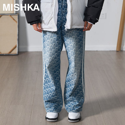 Mishka低腰阔腿满印提花牛仔裤